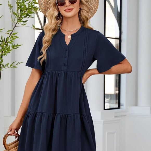 Womens Summer Dress Short Sleeve V Neck A Line Mini Pockets Casual Beach - Picture 4 of 6